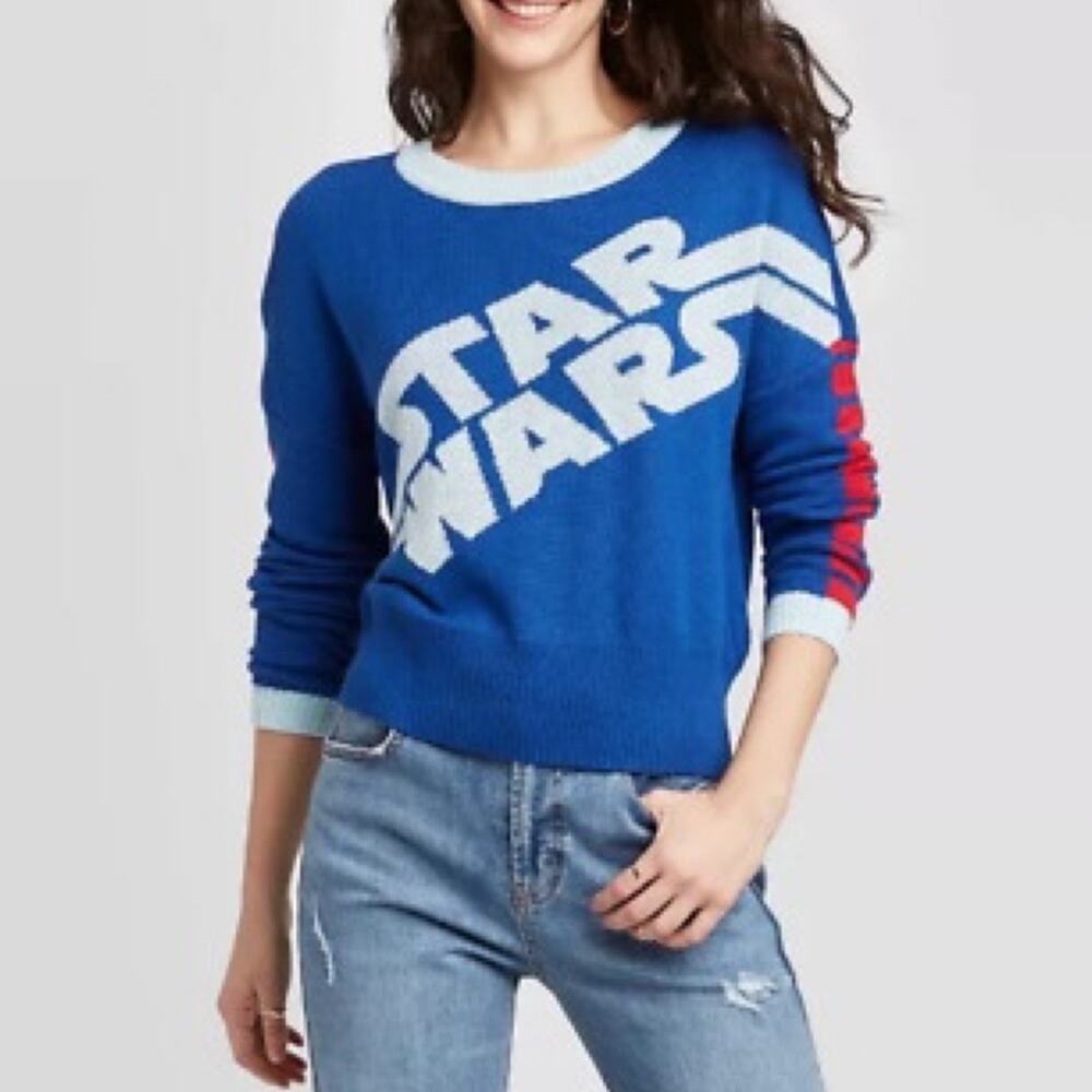 Star Wars Disney NWOT Long Sleeve Graphic Knit Sweater Juniors Size M Blue